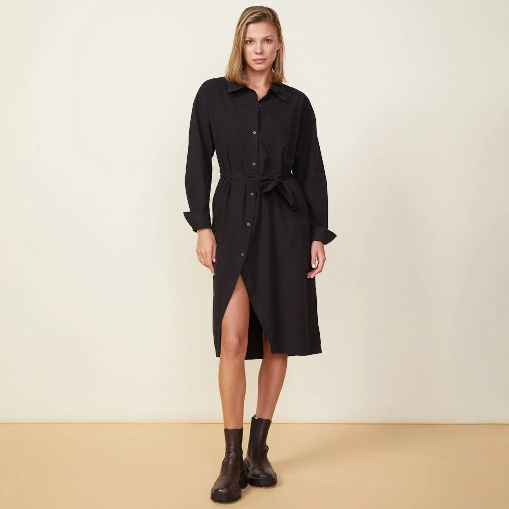Poplin|Dresses*MONROW Asymmetrical Poplin Tie Shirt Dress BLACK