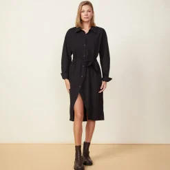 Poplin|Dresses*MONROW Asymmetrical Poplin Tie Shirt Dress BLACK