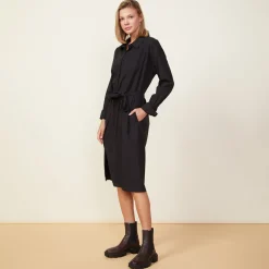 Poplin|Dresses*MONROW Asymmetrical Poplin Tie Shirt Dress BLACK