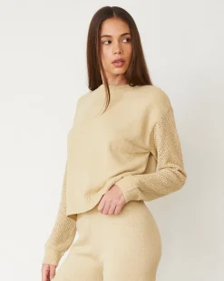Sets|Long Sleeve*MONROW Boucle Knit Mesh Mixed Sweater SAND
