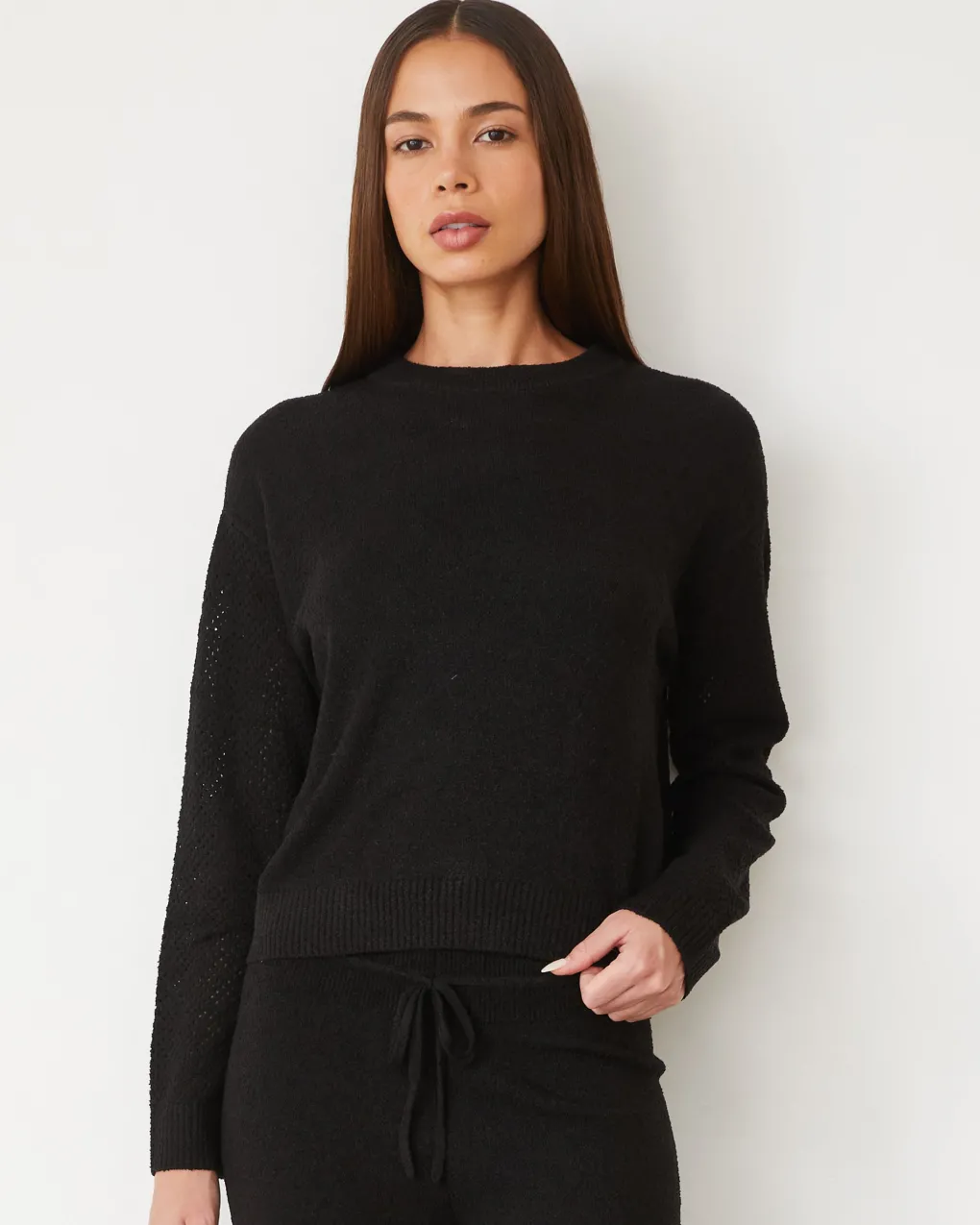 Sets|Long Sleeve*MONROW Boucle Knit Mesh Mixed Sweater BLACK