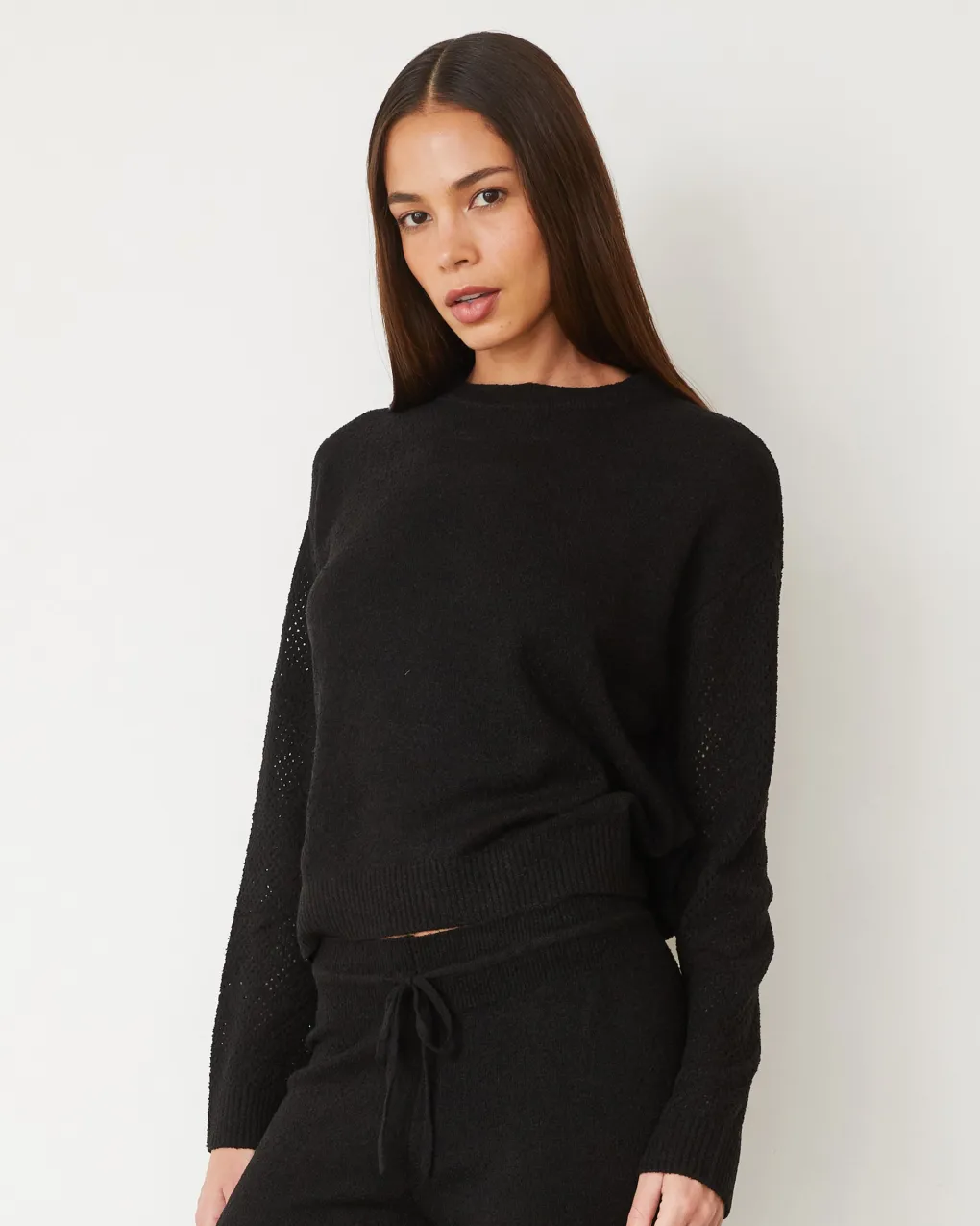 Sets|Long Sleeve*MONROW Boucle Knit Mesh Mixed Sweater BLACK