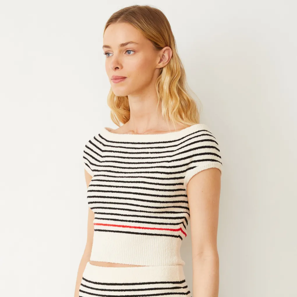 Tees*MONROW Boucle Knit Off Shoulder Top CREAM/BLACK