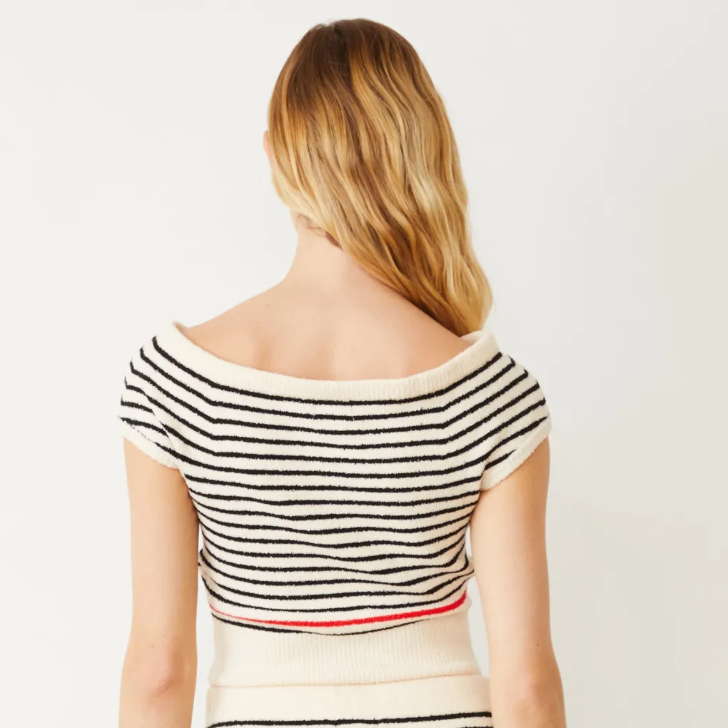Tees*MONROW Boucle Knit Off Shoulder Top CREAM/BLACK