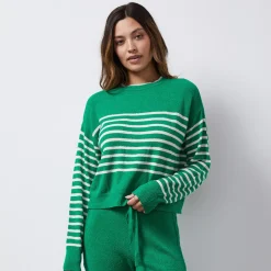 Sweaters*MONROW Boucle Knit Stripe Sweater PARSLEY/CREAM