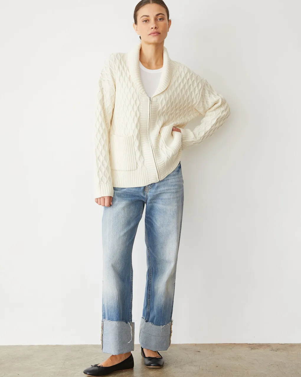 Sweaters*MONROW Cable Knit Zip Cardigan IVORY