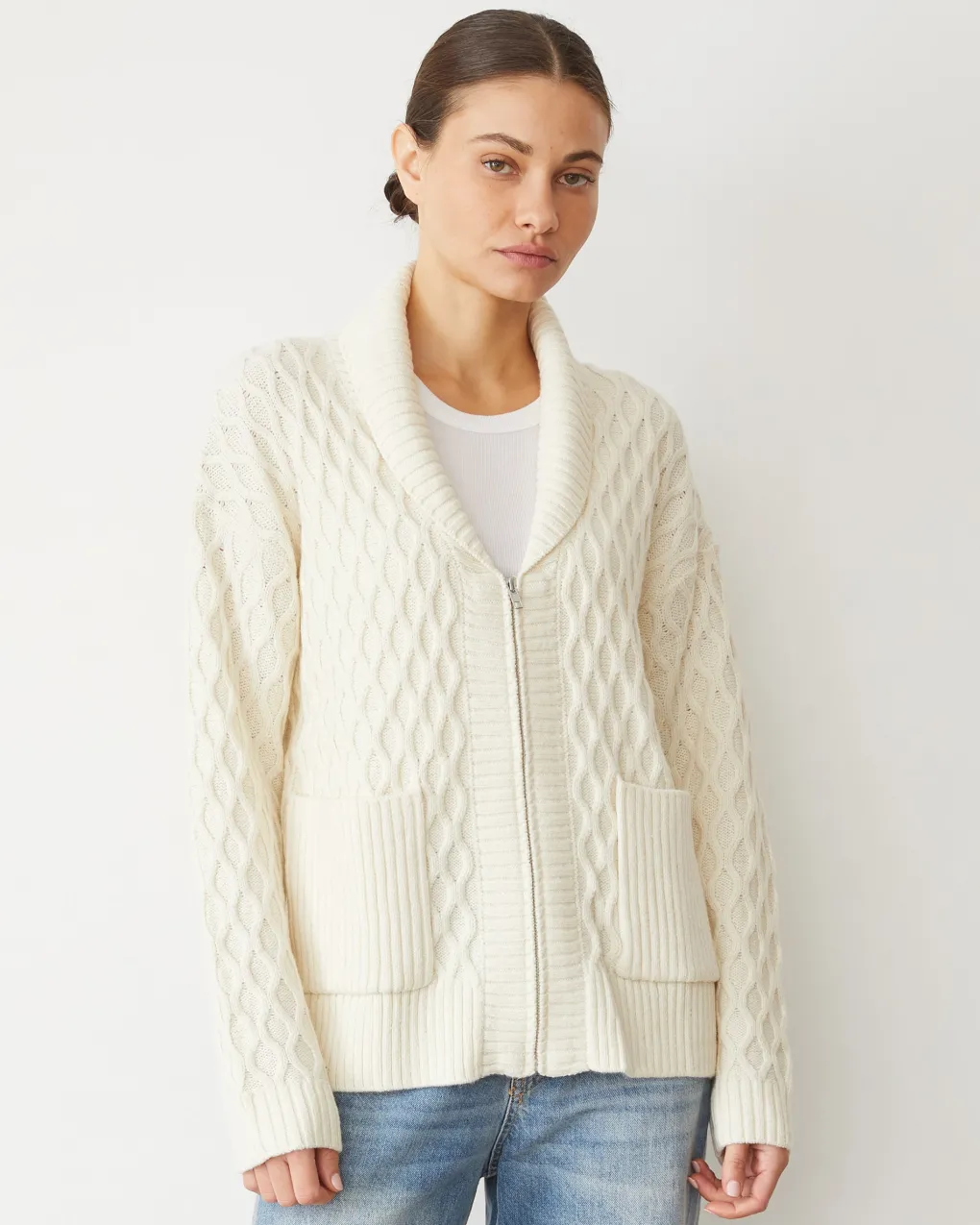 Sweaters*MONROW Cable Knit Zip Cardigan IVORY