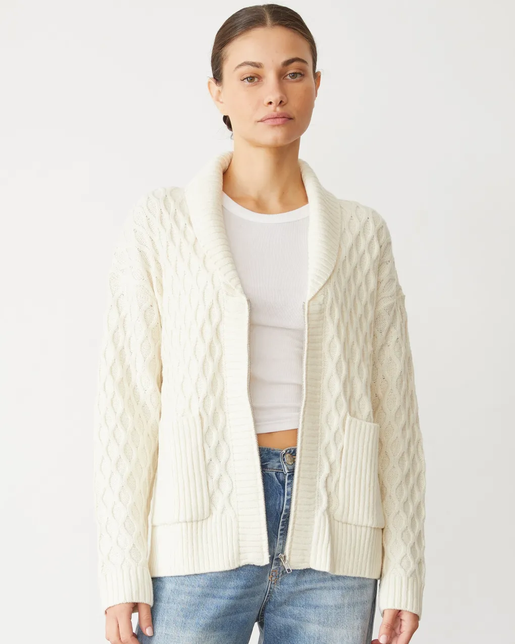 Sweaters*MONROW Cable Knit Zip Cardigan IVORY