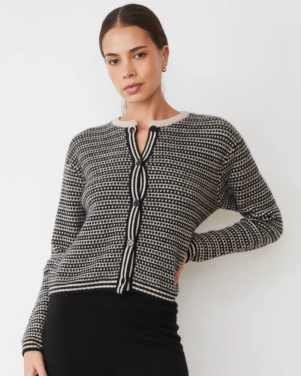 Travel Essentials|Jackets*MONROW Cashmere Cardigan CHALK/BLACKSTRIPE