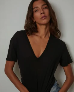 Tees*MONROW Cotton Modal Relaxed V Neck Tee - Color BLACK