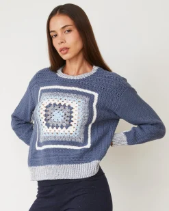 Sweaters*MONROW Crochet Pullover Sweater WASHEDBLUE