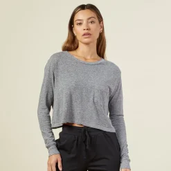 Tees*MONROW Cropped Long Sleeve Ex-Boyfriend Pocket Crew GRANITE