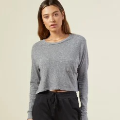 Tees*MONROW Cropped Long Sleeve Ex-Boyfriend Pocket Crew GRANITE