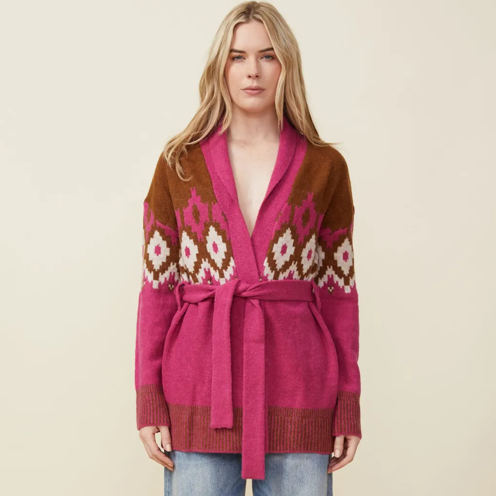 Sweaters*MONROW Fair Isle Shawl Cardigan DRAGONFRUIT