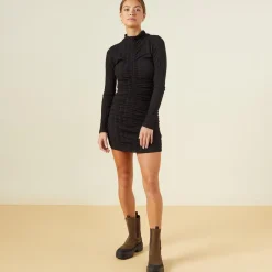 Dresses*MONROW Flat Rib Mock Shirred Dress BLACK