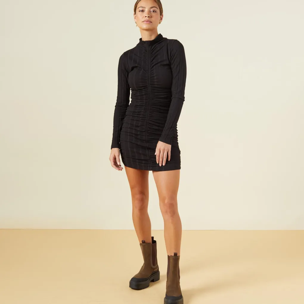 Dresses*MONROW Flat Rib Mock Shirred Dress BLACK