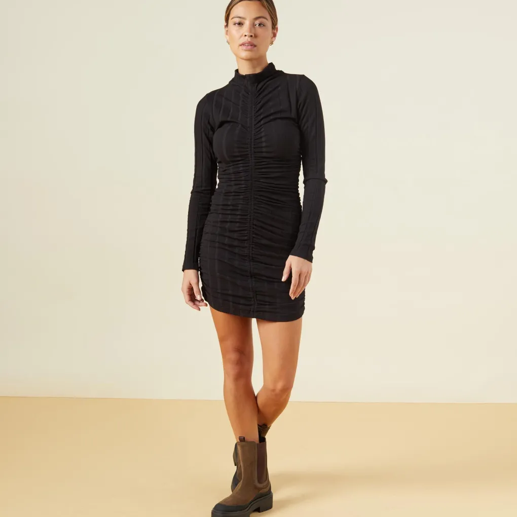 Dresses*MONROW Flat Rib Mock Shirred Dress BLACK