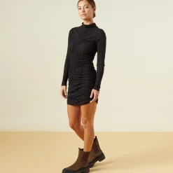 Dresses*MONROW Flat Rib Mock Shirred Dress BLACK