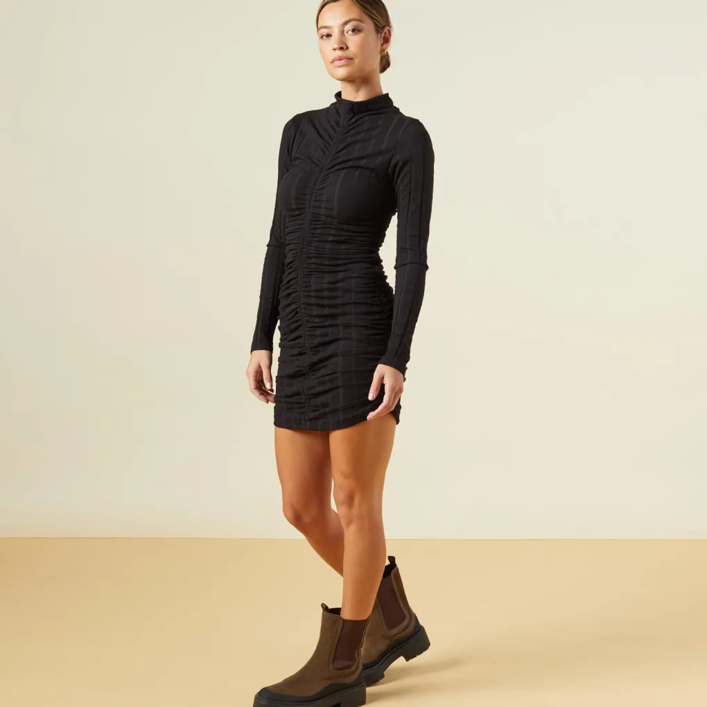 Dresses*MONROW Flat Rib Mock Shirred Dress BLACK