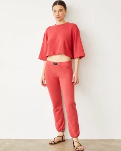 Terry|Sweats*MONROW French Terry Crop Elastic Waist Sweat CHERRY