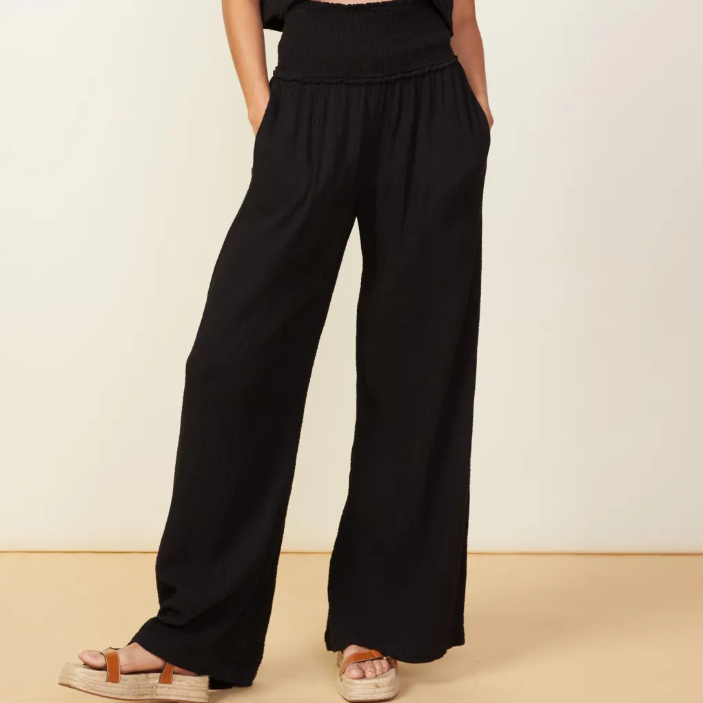 Pants*MONROW Gauze Smocked Flare Pant BLACK