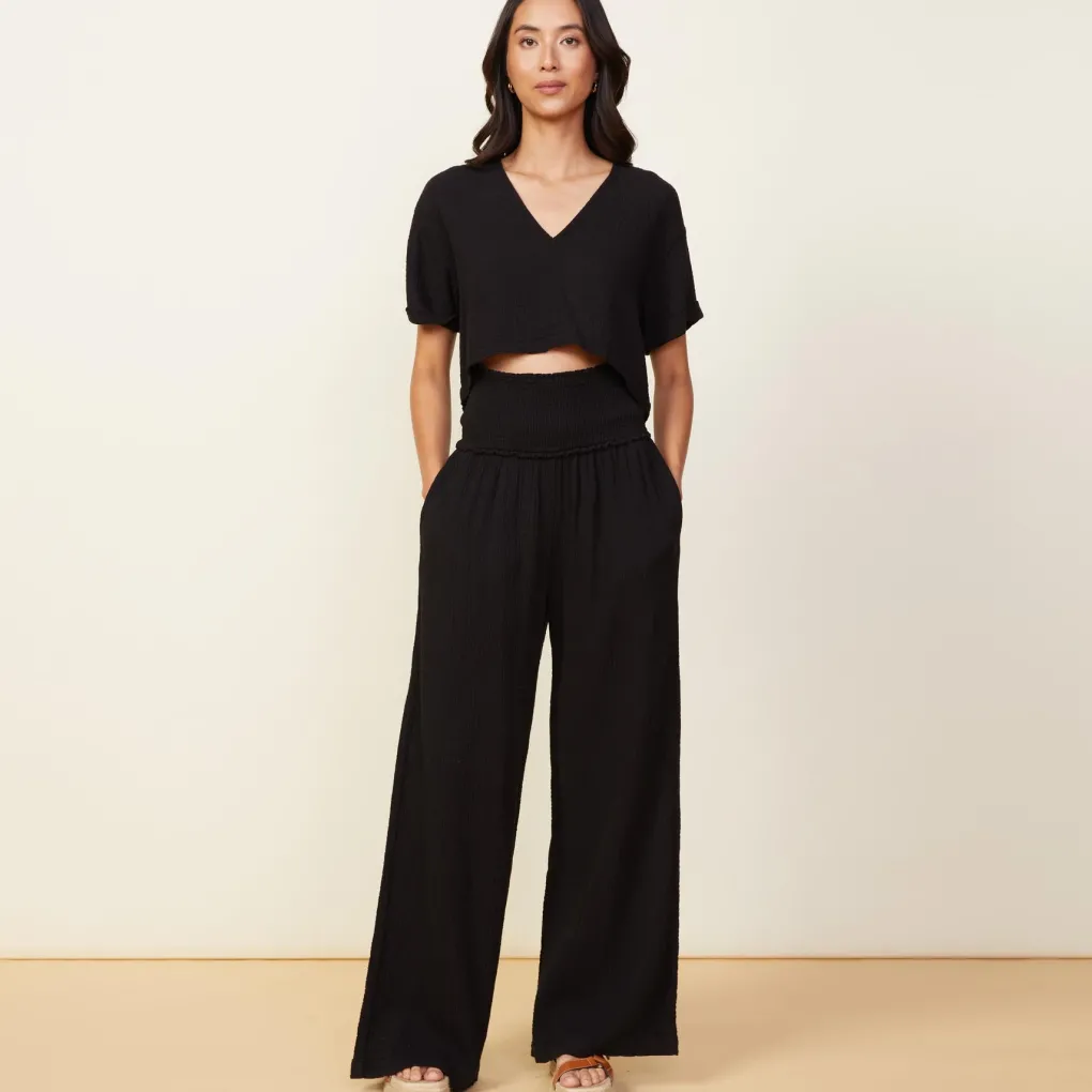 Pants*MONROW Gauze Smocked Flare Pant BLACK