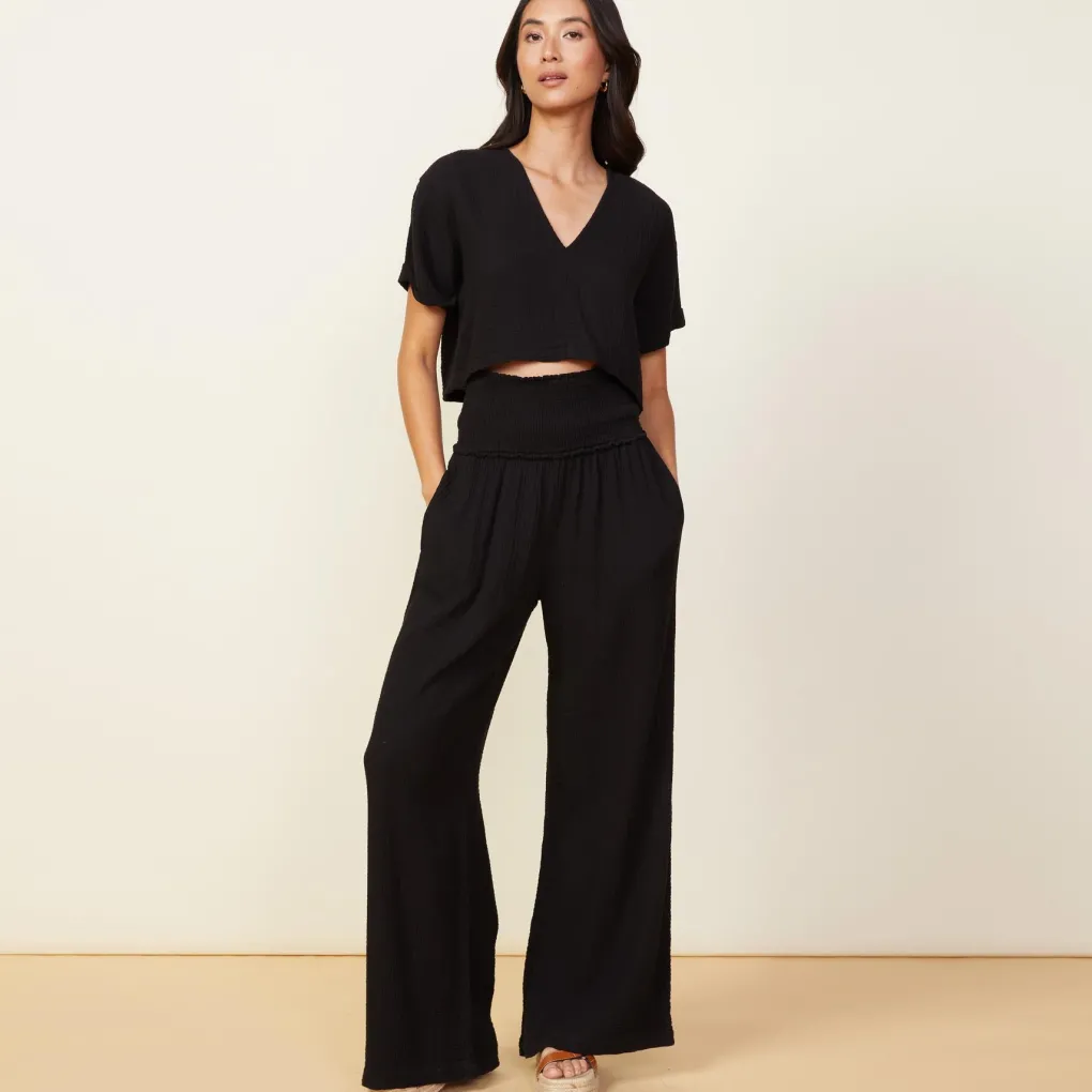 Pants*MONROW Gauze Smocked Flare Pant BLACK
