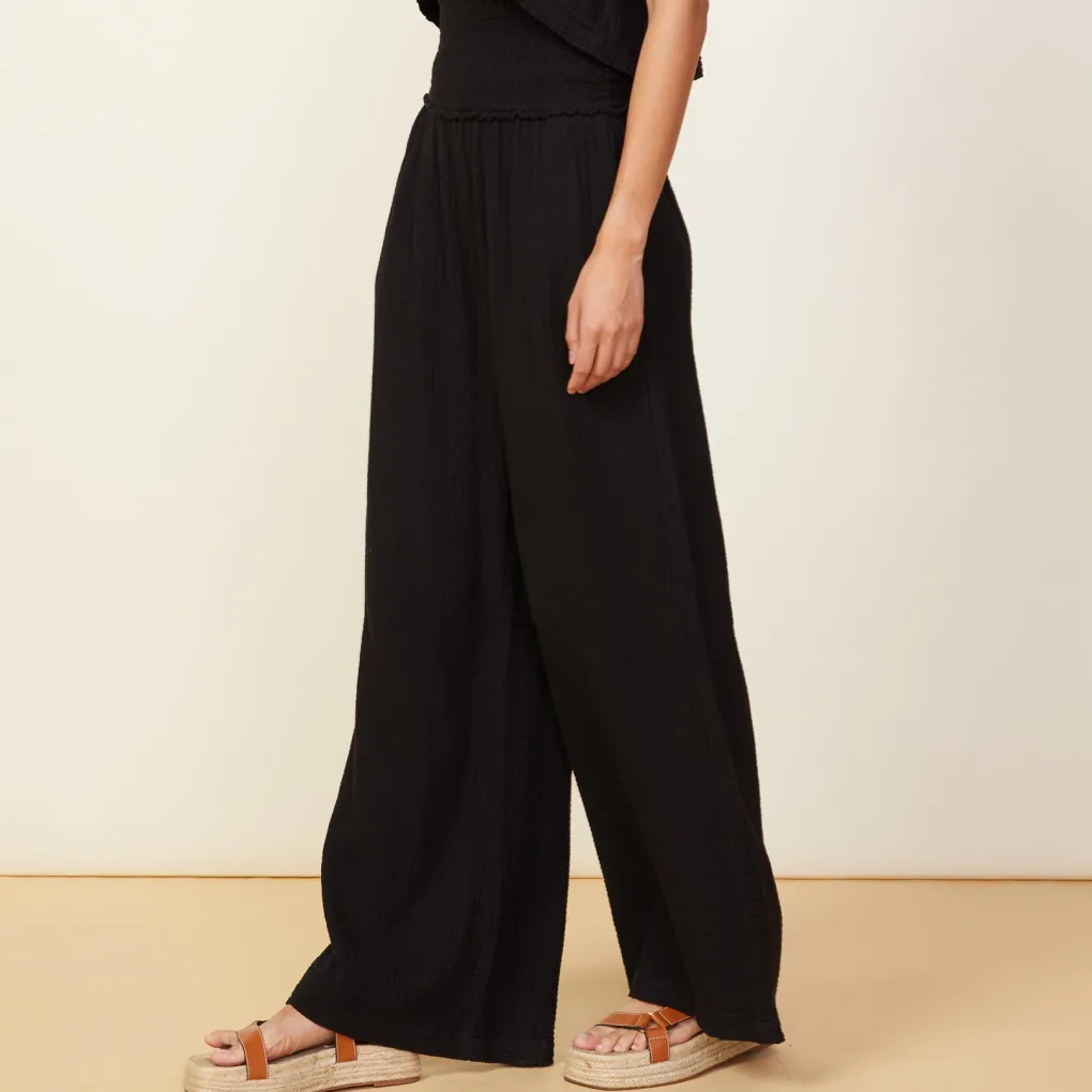 Pants*MONROW Gauze Smocked Flare Pant BLACK