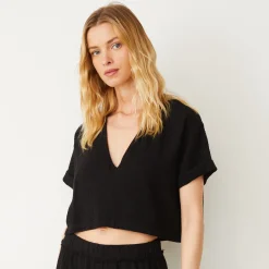 Tees*MONROW Gauze V Neck Mini Top BLACK