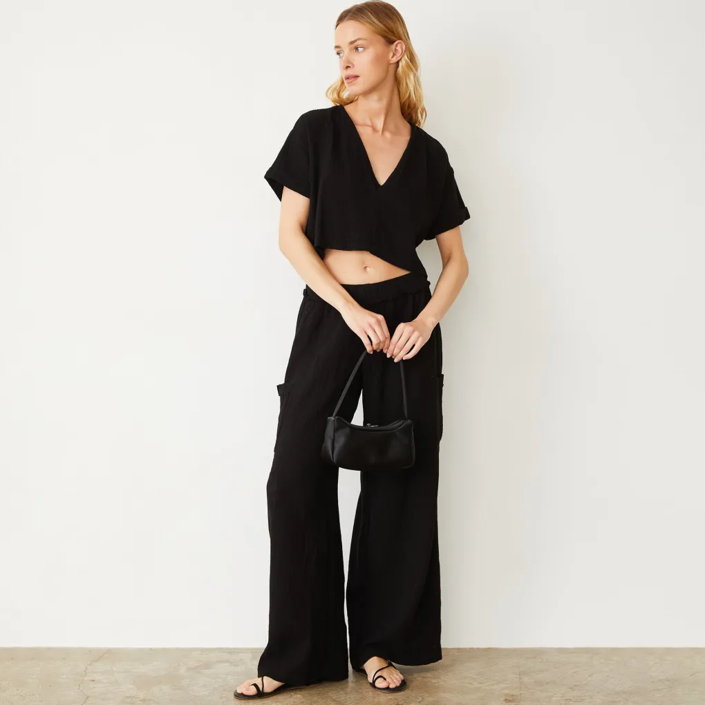 Tees*MONROW Gauze V Neck Mini Top BLACK