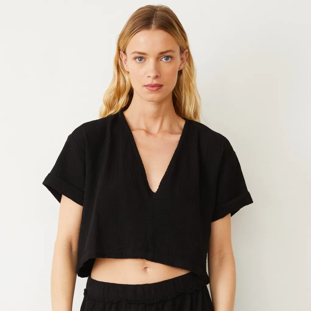 Tees*MONROW Gauze V Neck Mini Top BLACK