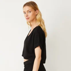 Tees*MONROW Gauze V Neck Mini Top BLACK
