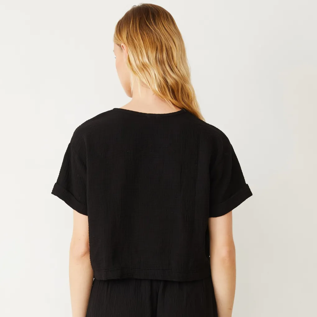 Tees*MONROW Gauze V Neck Mini Top BLACK