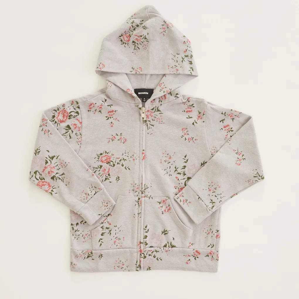 Kids*MONROW Kids Zip Up Hoody With Floral Print DOVEGREY