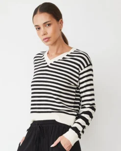 Soft Knit|Travel Essentials*MONROW Lightknit Stripe V Neck IVORY/BLACK