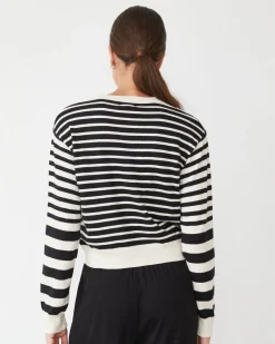 Soft Knit|Travel Essentials*MONROW Lightknit Stripe V Neck IVORY/BLACK