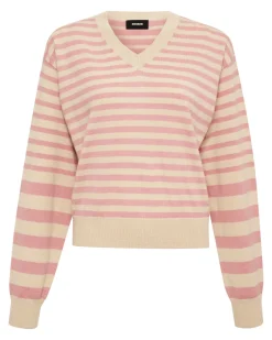 Soft Knit|Travel Essentials*MONROW Lightknit Stripe V Neck SAND/CHALKPINK