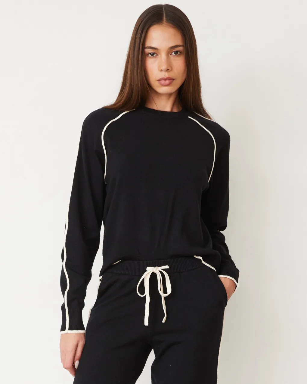 Soft Knit|Travel Essentials*MONROW Lightknit Sweater With Contrast Piping BLACK