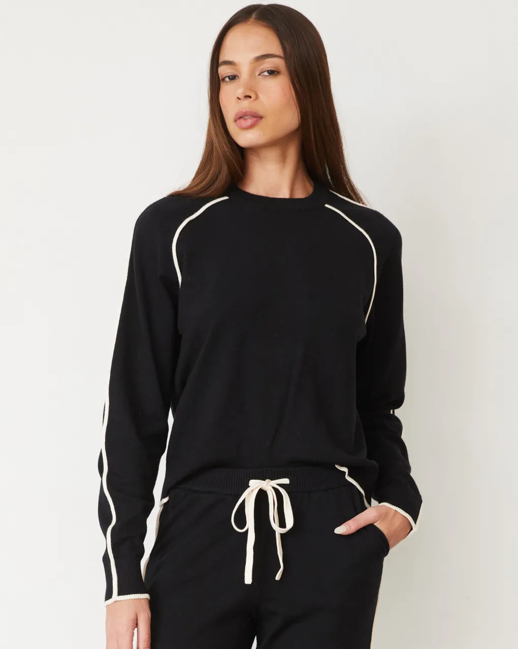 Soft Knit|Travel Essentials*MONROW Lightknit Sweater With Contrast Piping BLACK