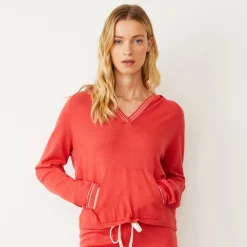 Soft Knit|Hoodies*MONROW Light Soft Knit Contrast Stitch Hoody CHERRY