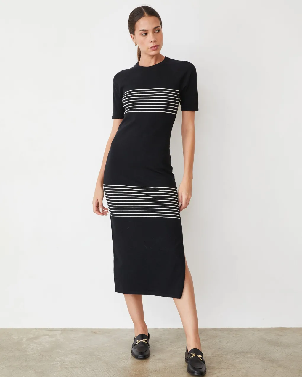 Soft Knit|Dresses*MONROW Light Soft Knit Stripe Dress BLACK