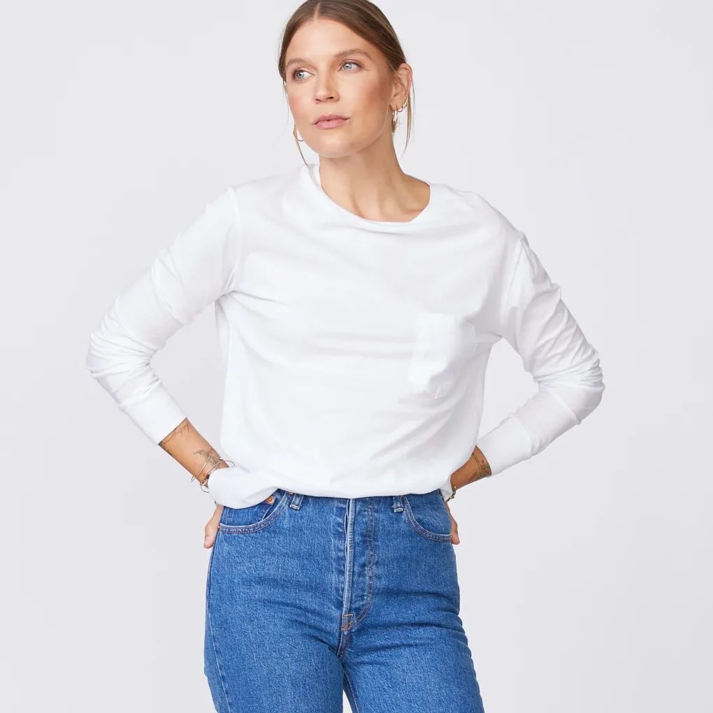 Long Sleeve*MONROW Long Sleeve Ex-Boyfriend Pocket Crew WHITE
