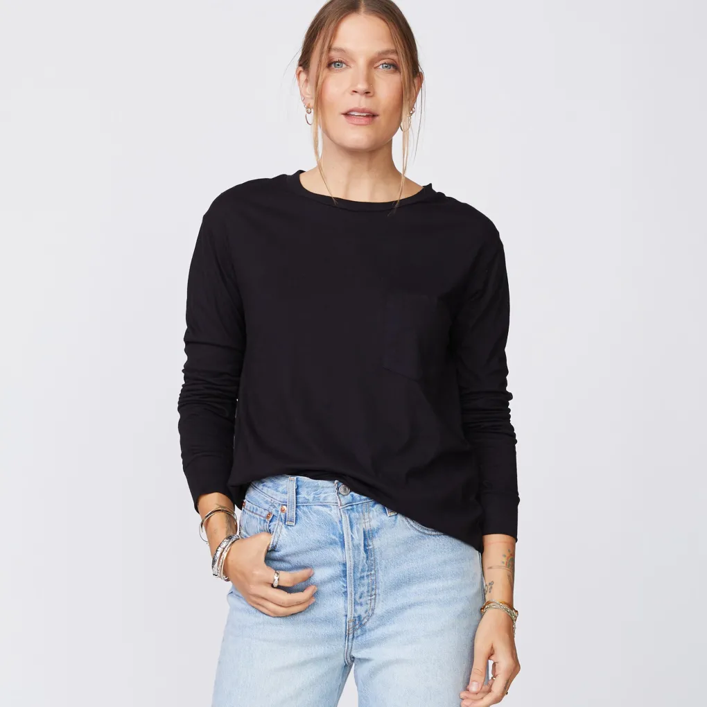 Long Sleeve*MONROW Long Sleeve Ex-Boyfriend Pocket Crew BLACK