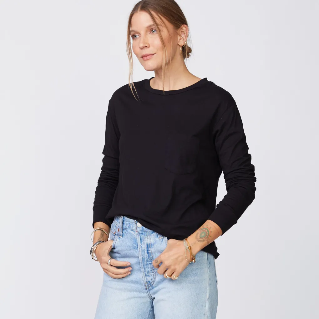 Long Sleeve*MONROW Long Sleeve Ex-Boyfriend Pocket Crew BLACK