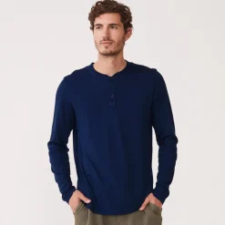 Men's Tops|Mens Sale*MONROW Long Sleeve Henley NAVYBLUE