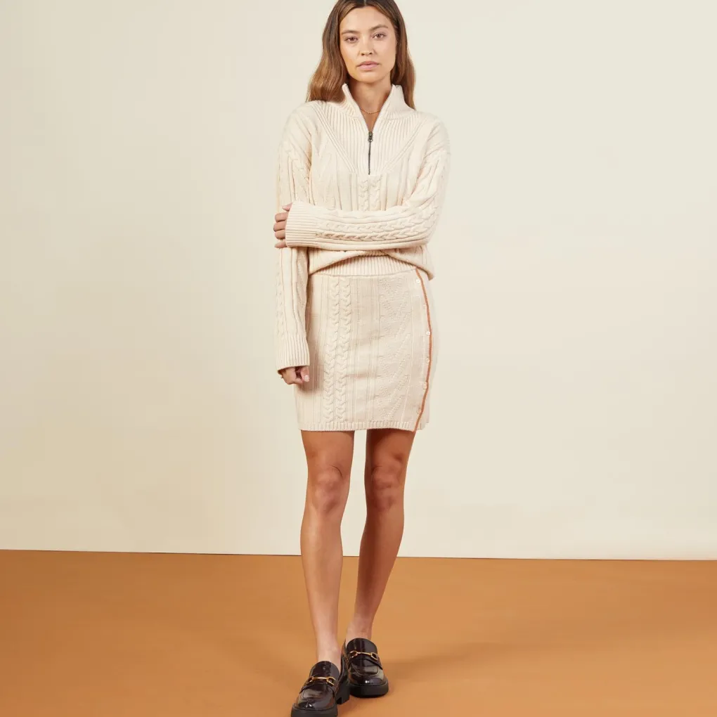 Sweatshirts*MONROW Merino Cable Knit Half Zip OFFWHITE