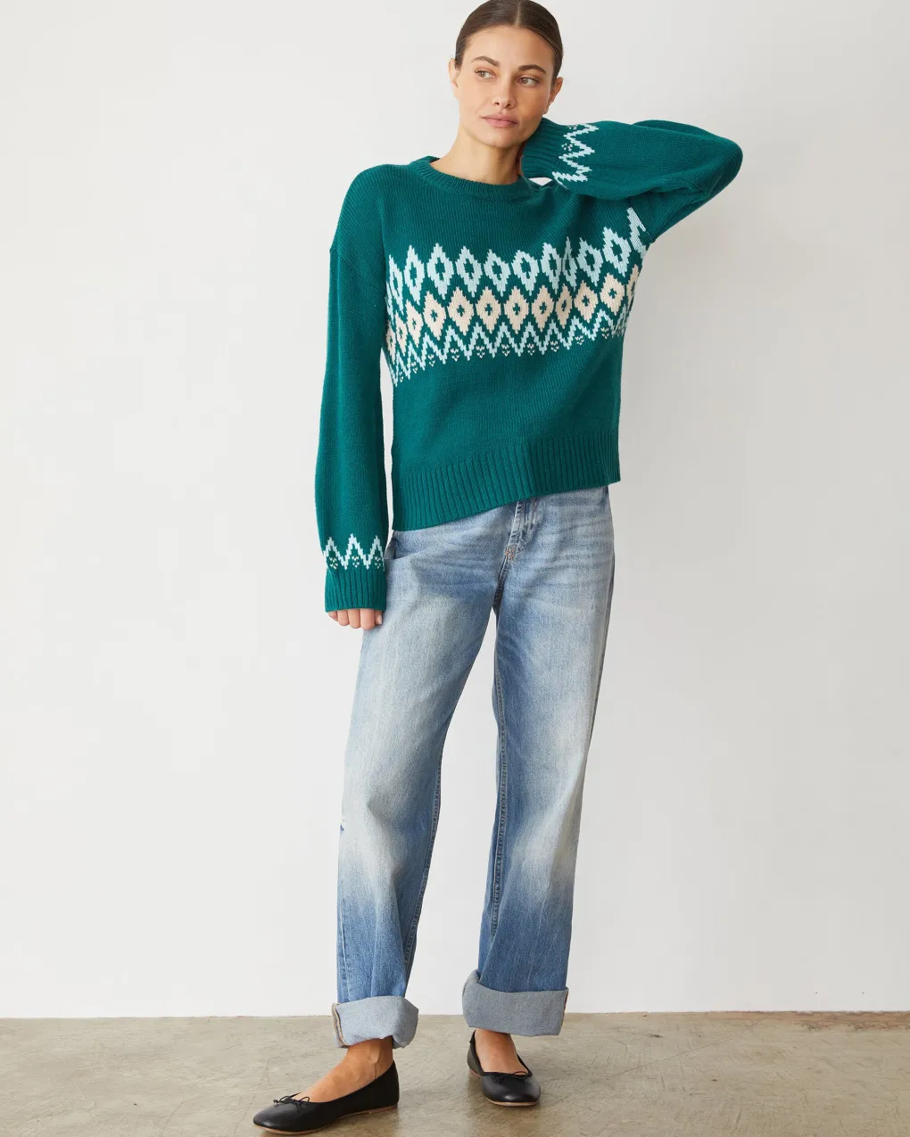 Sweaters*MONROW Merino Wool Fair Isle Crew Neck FOREST