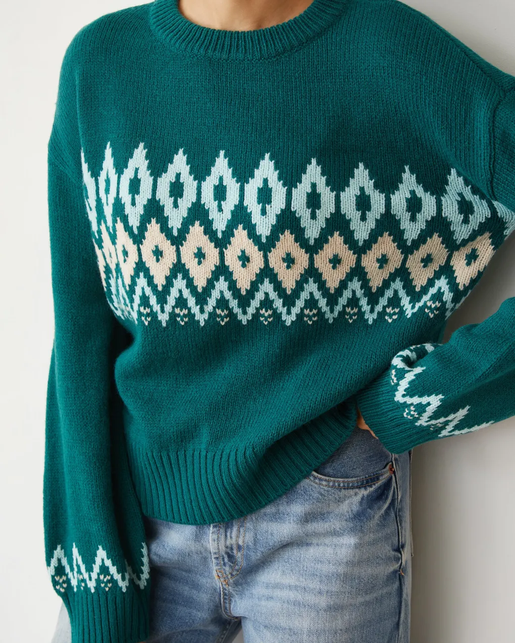 Sweaters*MONROW Merino Wool Fair Isle Crew Neck FOREST