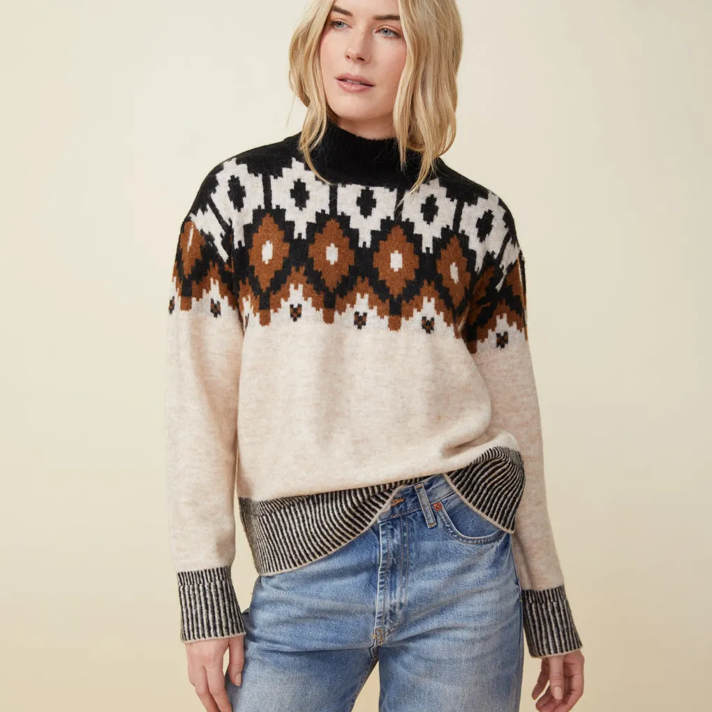 Sweaters*MONROW Mock Neck Fair Isle Sweater OFFWHITE