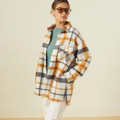 Jackets*MONROW Plaid Shacket BLACK/NAT/CAMEL
